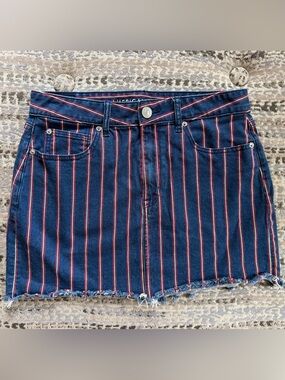 American Eagle Outfitters Navy Denim Mini Skirt with Red Stripes